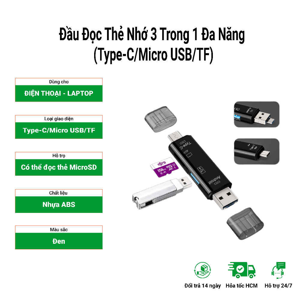 Đầu Đọc Thẻ Nhớ 3 Trong 1 Đa Năng (Type-C/Micro USB/TF)