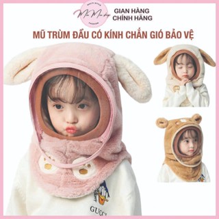 Mũ len lông cừu chùm đầu có kính chắn gió bảo vệ bé, nón len bông có kính bảo vệ chống bụi chống giọt bắn cho bé nam nữ