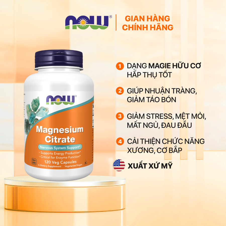 (đủ bill) Viên uống magie Magnesium Citrate Now, hỗ trợ giảm táo bón, giảm stress, mất ngủ, đau cơ