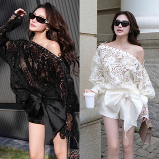 ( Kèm Áo Ống Hàng Loại 1 ) Set 3 Món Áo Ren Trễ Vai Tay Dài Đục Lỗ Phối Quần Tafta Nơ To Siêu Sang Trắng Đen