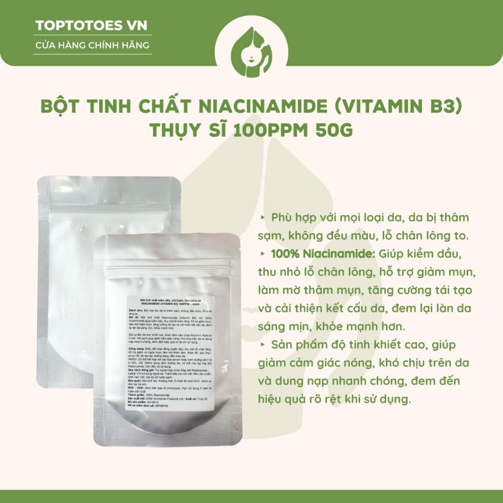 [HÀNG NHẬP KHẨU] Bột Niacinamide (Vitamin B3) Thụy Sĩ 100PPM kiềm dầu, mờ thâm, làm sáng da 50g