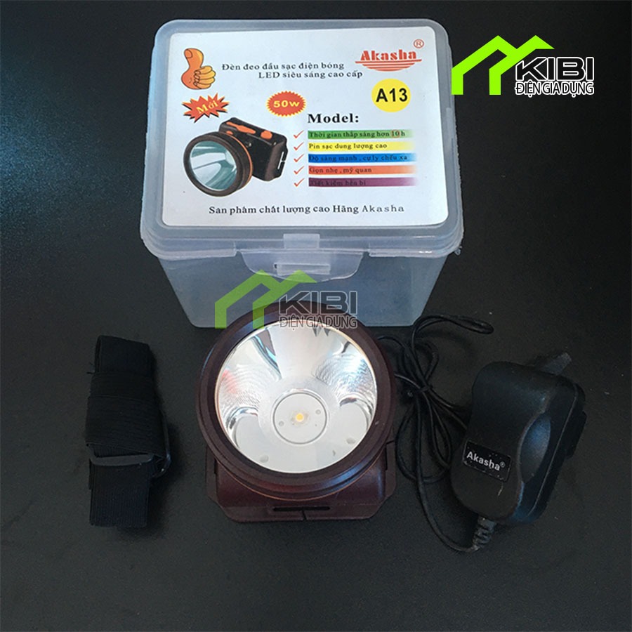 Đèn đội đầu siêu sáng, đèn pin sạc A13 AKASHA chất lượng cao 50W