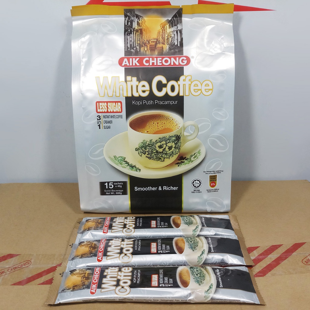 Cà phê ít đường Aik Cheong White Coffee (less sugar) bịch 600g (15 gói nhỏ 40g)