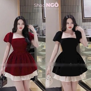 Đầm váythời trang nữ,đầm nhung tay phồng dáng xòe phối lai bèo thanh lịch dành cho nàng đi tiệc,đi chơi siêu xinh