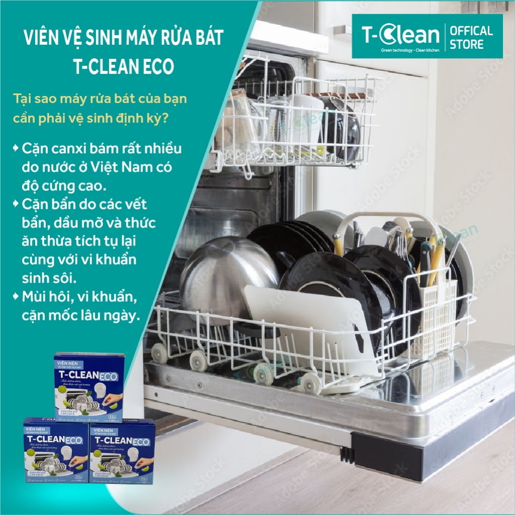 Viên vệ sinh máy rửa chén bát T-Clean (Tclean) sạch nhờn, sạch bẩn, sạch căn mỡ 35g/viên