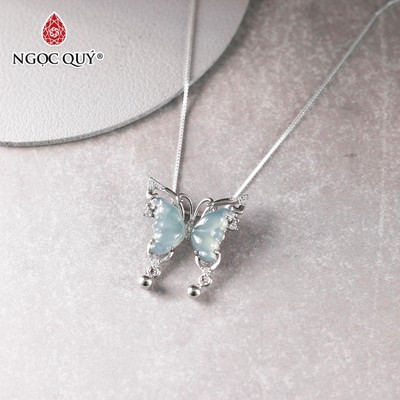 Mặt dây chuyền cẩm thạch A - Dây chuyền hồ điệp phỉ thúy lam ngọc nếp băng type A bọc S925 - 21x24mm - Ngọc Quý