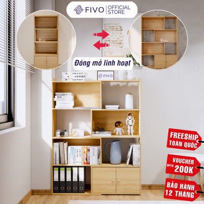 [Freeship Toàn Quốc] Kệ Sách Gỗ Để Sàn FIVO FB71 Màu Gỗ, Với Tính Năng 2IN1 Đóng Mở Tùy Thích, Hộc Tủ Thiết Kế Riêng Tư