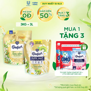 Combo Nước giặt Comfort dưỡng vải đa năng + Nước xả vải Comfort thiên nhiên thanh khiết Túi 3kg + 3L