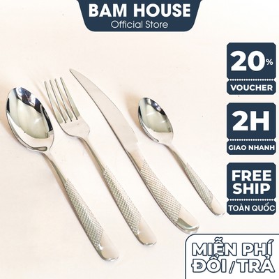 Muỗng nĩa dao inox 410 Bam House dày họa tiết caro cao cấp MCR04