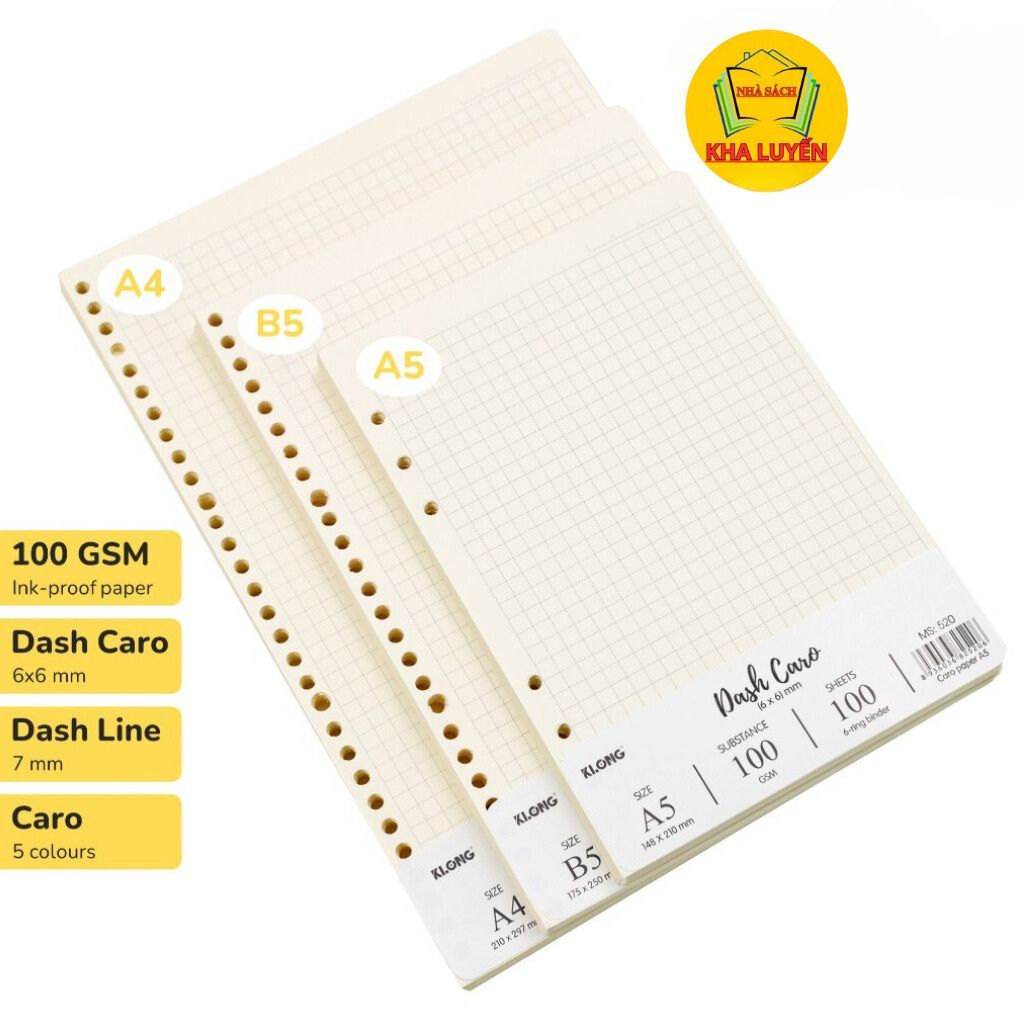 Ruột Sổ Còng Giấy KLONG 120GSM, Dòng Kẻ Chấm Line, Caro  A5/ B5/ A4 200 Trang- Ruột Sổ Còng Sắt Klon