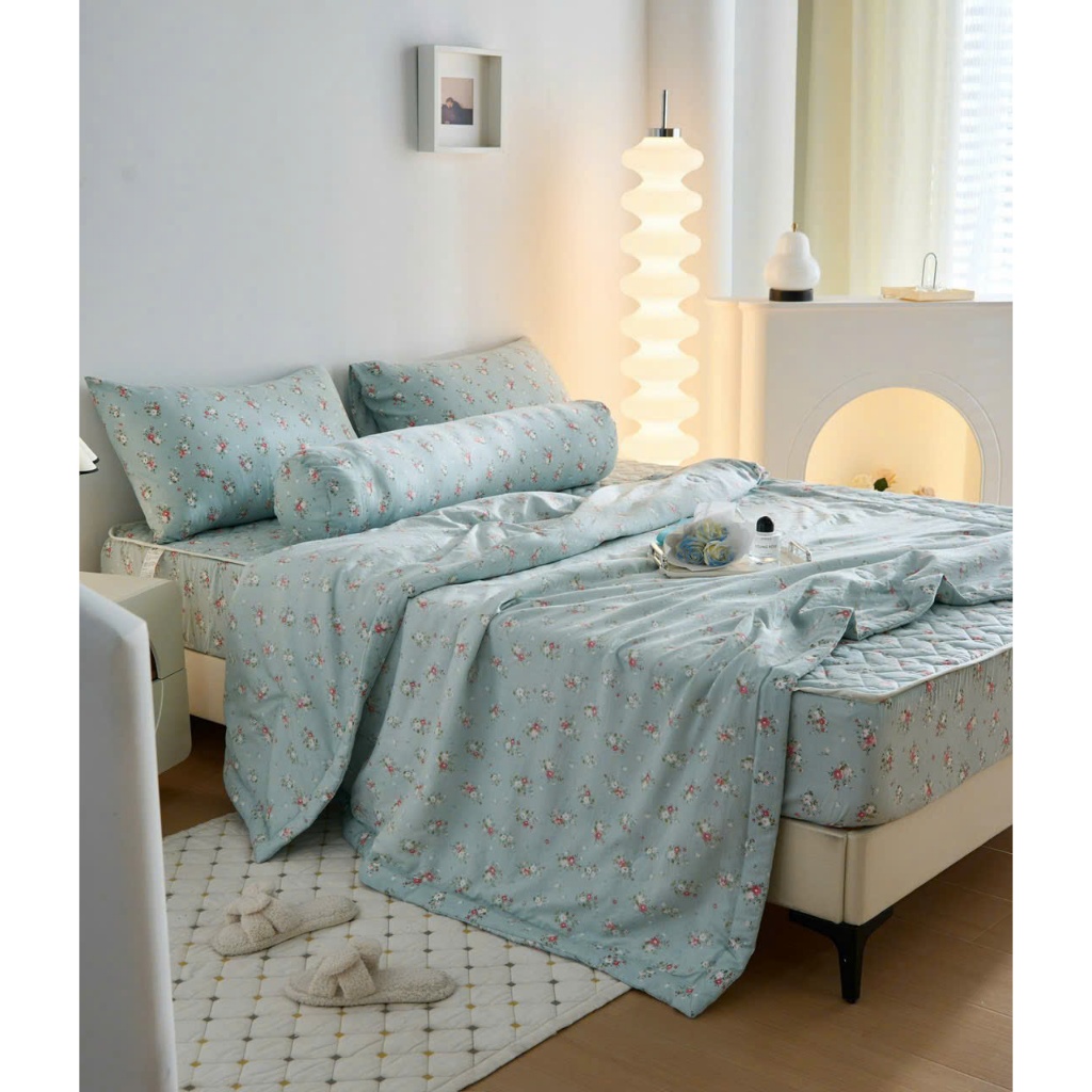 [GA CHẦN] BỘ CHĂN GA COTTON HQ drap chần, hoạ tiết trang nhã, 5 món có vỏ gối ôm, mền chần bông mềm 