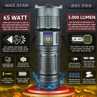Đèn pin MAX STAR NO1 PRO cầm tay siêu sáng chiếu xa 750 mét ZOOM sáng xa gần chống nước sạc ngược cho điện thȯại