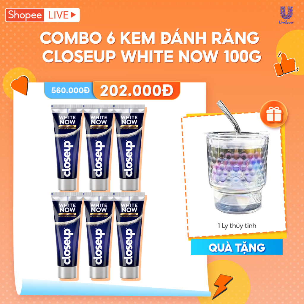 [LIVE] Combo 3/6 Kem đánh răng Closeup White Now - Trắng Bật Tông 3X từ Công nghệ Ánh sáng Xanh 100g/tuýp