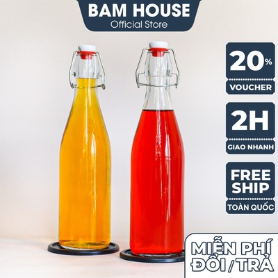 Combo 2 Chai thủy tinh đựng nước Bam House 250ml 500ml có nắp cài cao cấp CRNC02