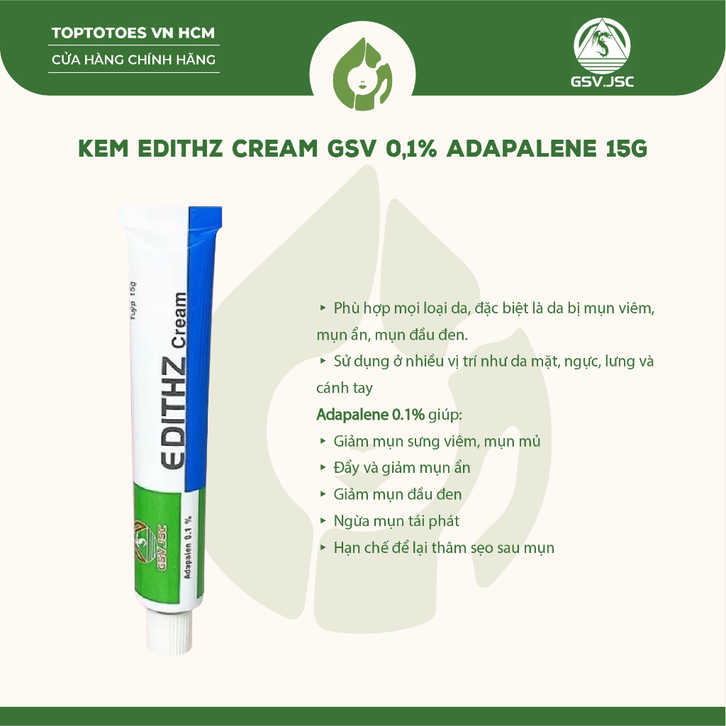[HÀNG NHẬP KHẨU] Kem bôi giảm mụn, thâm Edithz Cream GSV 0,1% Adaplene 15g