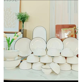 Bộ bát đĩa chén đĩa đẹp sét 21 chi tiết trắng viền đen, tặng kèm 1 thớt gỗ tự nhiên cao cấp