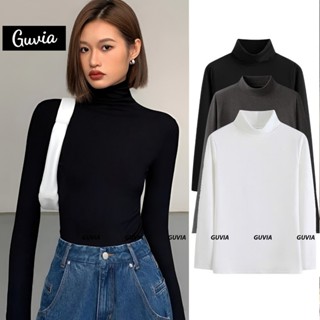 Áo CỔ LỌ Tay Dài GUVIA Dáng Dài Chiết Eo Tôn Dáng Gân Cotton ADD06, Áo Thun Giữ Nhiệt Tay Dài Cổ Cao Len Tăm.