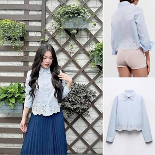 Áo sơ mi xanh dương pha ren Zara xuất A332