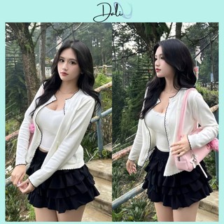 Set Tiểu Thư 3 Món Gồm Áo Cadigan Viền Đen 2 Túi + Áo 2 Dây + Chân Váy 3 Tầng