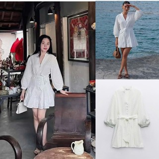 Đầm mini váy thô đũi trắng đục lỗ cổ V cúc giữa Zara xuất V122