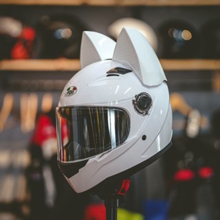 Nón mũ bảo hiểm fullface tai mèo AGU trắng bóng đi phượt - nón fullface tai mèo to