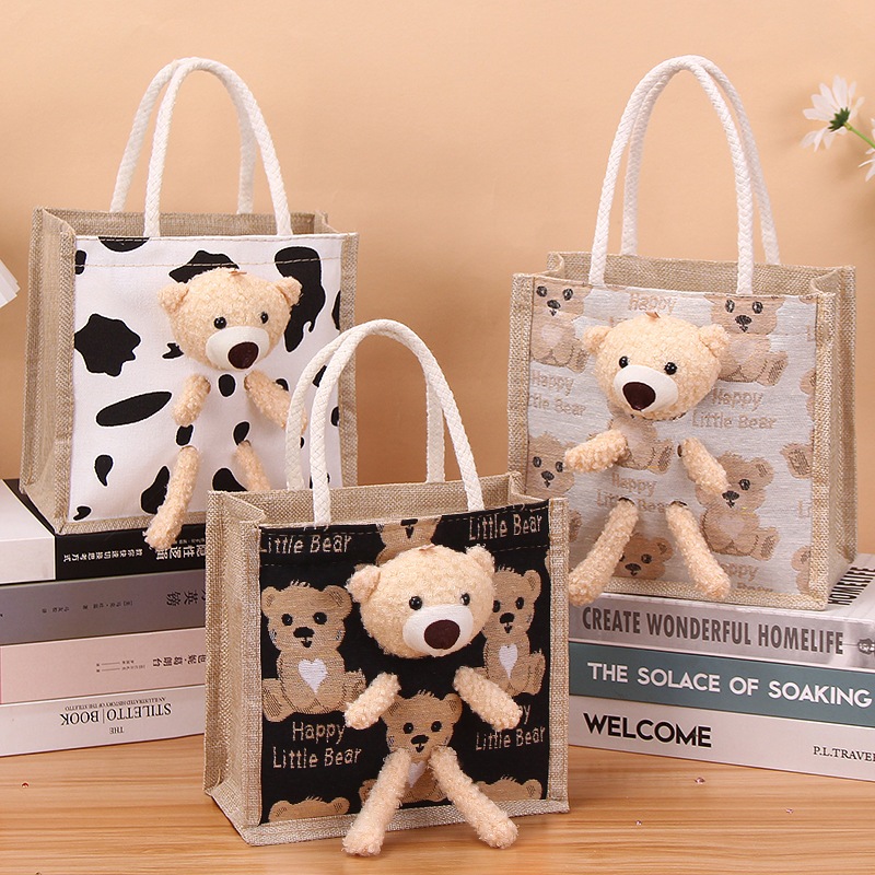 Túi Cói mini có gấu bông dễ thương-Túi cói gấu đi biển đi chơi phù hợp nhiều hoàn cảnh-Túi Vintage-hapfami