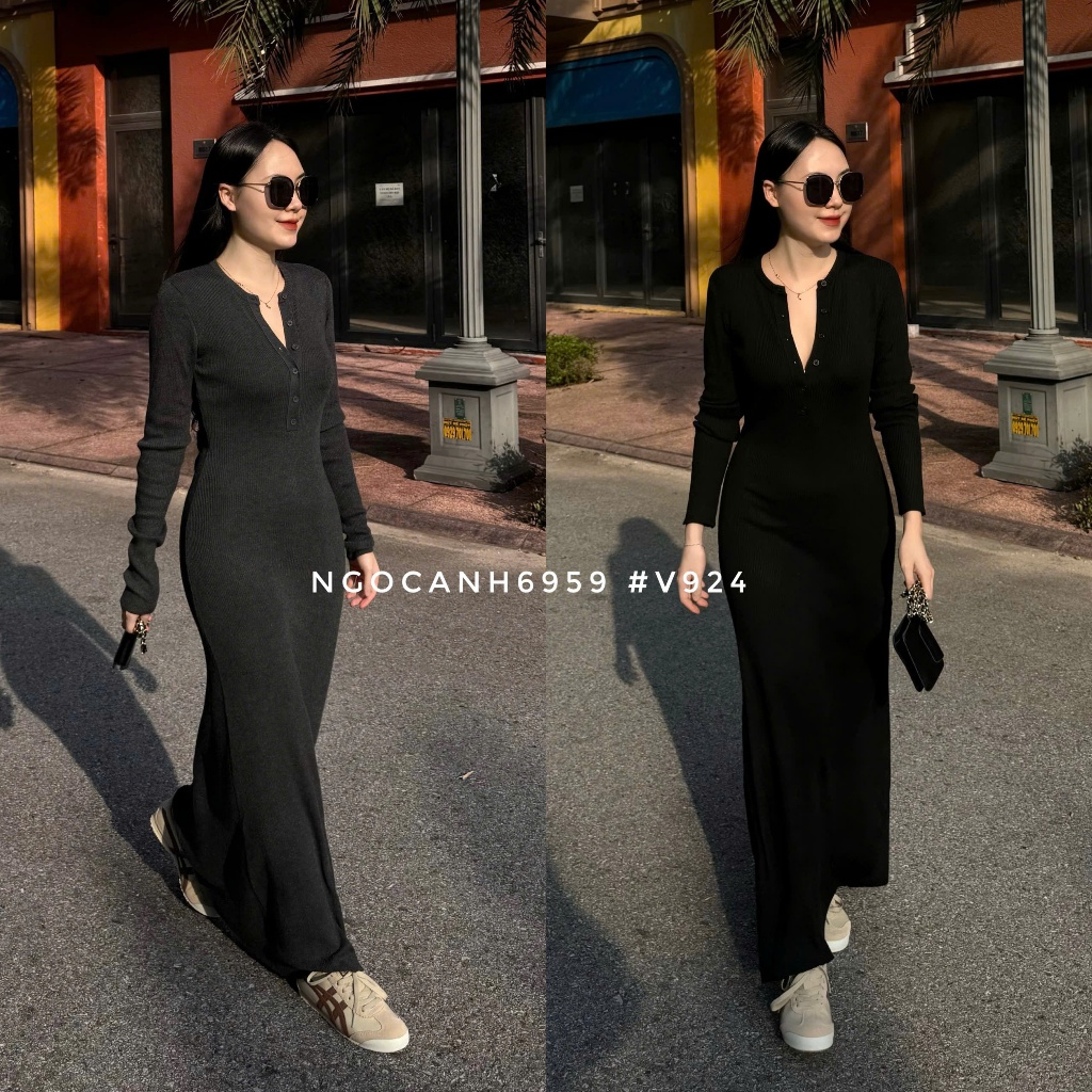Ngocanh6959 V924 Váy len dáng dài Quảng Châu phong cách tiểu thư sang trọng Hàn Quốc đầm dáng dài