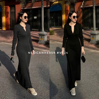 Ngocanh6959 V924 Váy len dáng dài Quảng Châu phong cách tiểu thư sang trọng Hàn Quốc đầm dáng dài