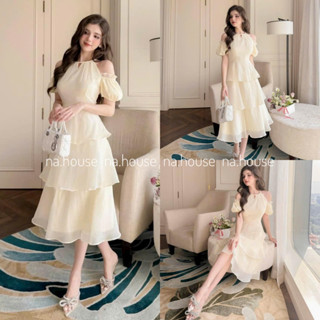 Đầm tầng trễ vai cổ yếm đi chơi đi tiệc Nahouse váy dự tiệc tơ nến màu nude kem thiết kế đẹp xinh xắn xịn và sang trọng