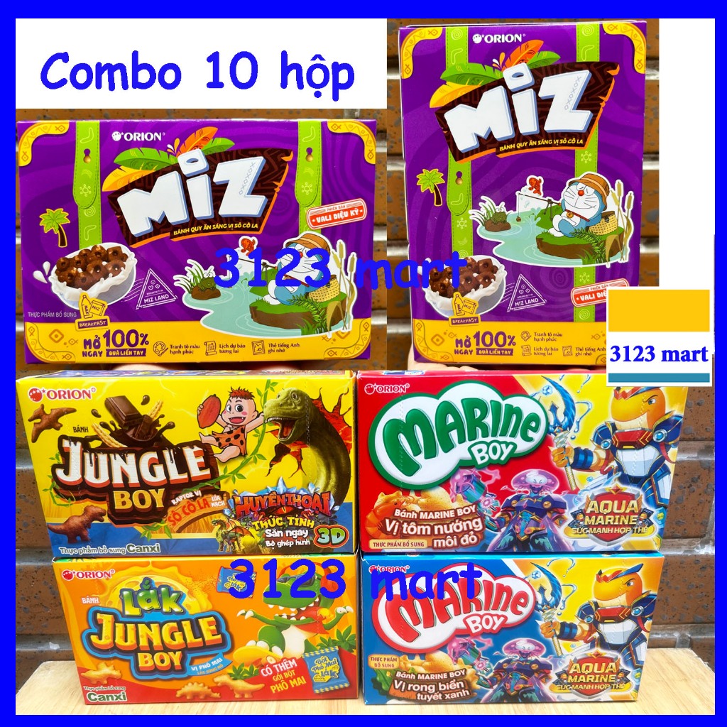 (Combo 10 hộp) bánh cá Marine Boy / Bánh khủng long Jungle Boy/ bánh ăn sáng MIZ ORION đủ vị