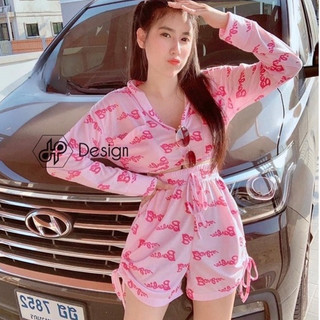 Sét đồ bộ nữ áo thun tay dài fom rộng coroptop lai bọc thun cổ tim kèm quần đùi thiết kế  dây rút hai bên dể thương
