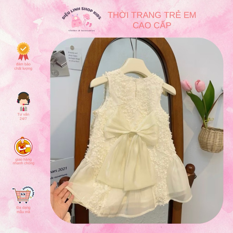 DL40 Váy cho bé Diệu Linh shop kids - váy thiết kế ren cẩm tú cầu màu trắng kem đinh nơ cho bé diện 
