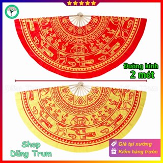  Quạt đại trống đồng họa tiết in màu sắc đỏ vàng quạt múa trống đồng cỡ lớn kích thước 1m6 2m 