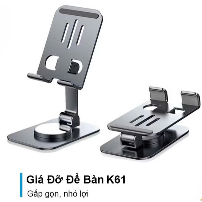 Giá Đỡ Điện Thoại Xoay 360 độ K61, Lót Chống Trượt, Hợp Kim Chắc Chắn, Nhỏ Gọn, Tiện Lợi