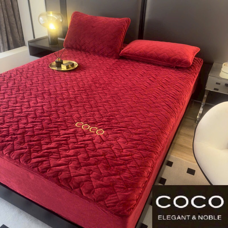 Bộ Ga Gối Nỉ Nhung Coco - Ga Bọc Chun Trần Thêu Sang Trọng