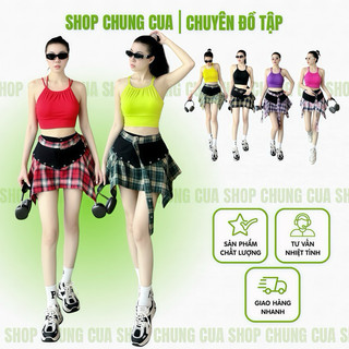 VÁY TẬP NỮ KẺ KARO ĐAI KHUYÊN mix áo bra yếm 4 dây đan lưng, bộ tập zumba, shuttle dance, sports nhiều màu lựa chọn