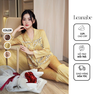 Bộ Ngủ Pyjama Nữ Lụa Vân Gỗ Cao Cấp Áo Tay Dài Quần Dài, Bộ Mặc Nhà Nữ Thu Đông Lụa Dài Tay Leanabe Homewear 24V11