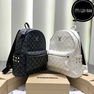 Balo đi học nam nữ Eo Vì da Pu in hoạ tiết vân hoa chữ monogram tag logo vàng size 40 bản quai to siu hot