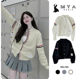 Áo khoác Bomber TH Br MYA, áo len cardigan nữ phối kẻ tay chất len mềm mịn siêu xinh