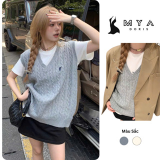 Áo Gile len nữ cổ V thêu ngựa MYA, áo len dệt kim Vest xoắn thừng basic Hàn Quốc Freesize