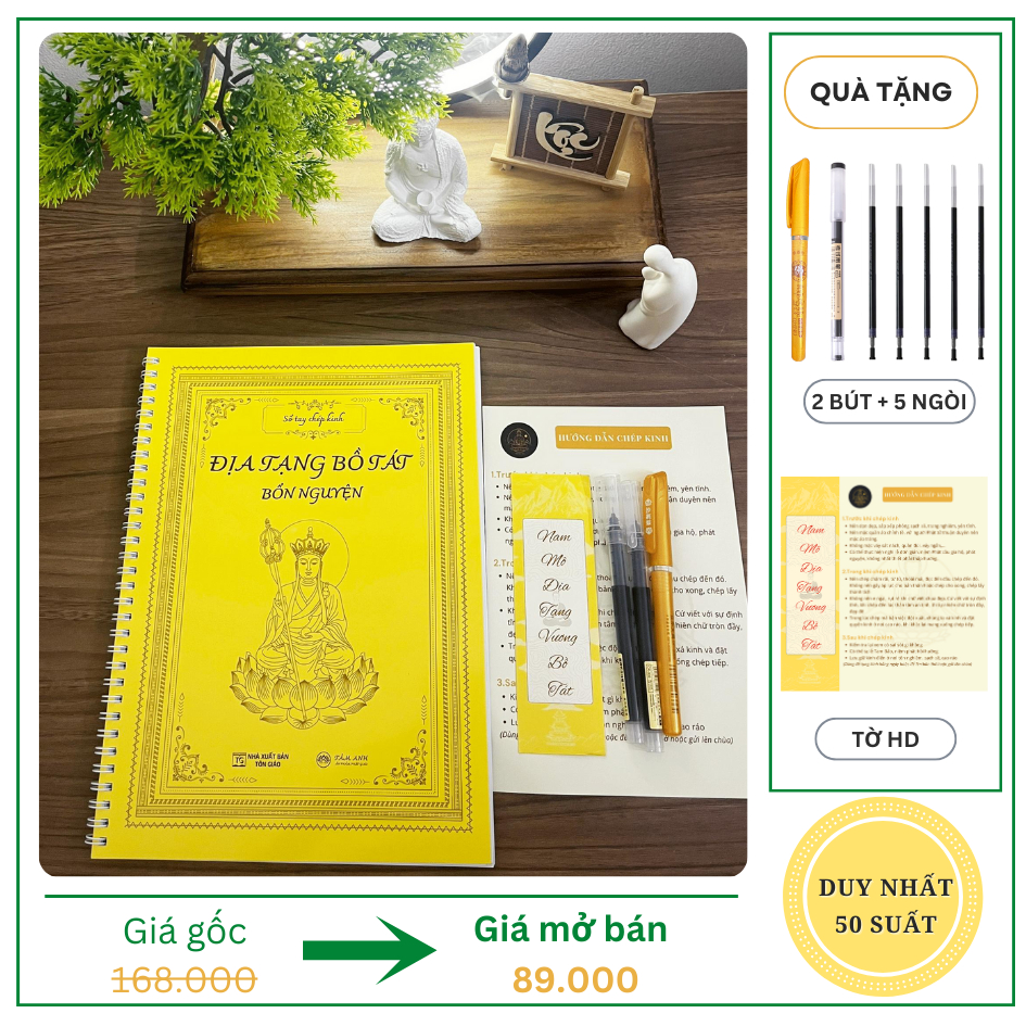 Vở Sổ tay chép kinh Địa Tạng in mờ - Bản chính thống NXB Tôn Giáo - Tặng 7 Bút và Ngòi chép Kinh