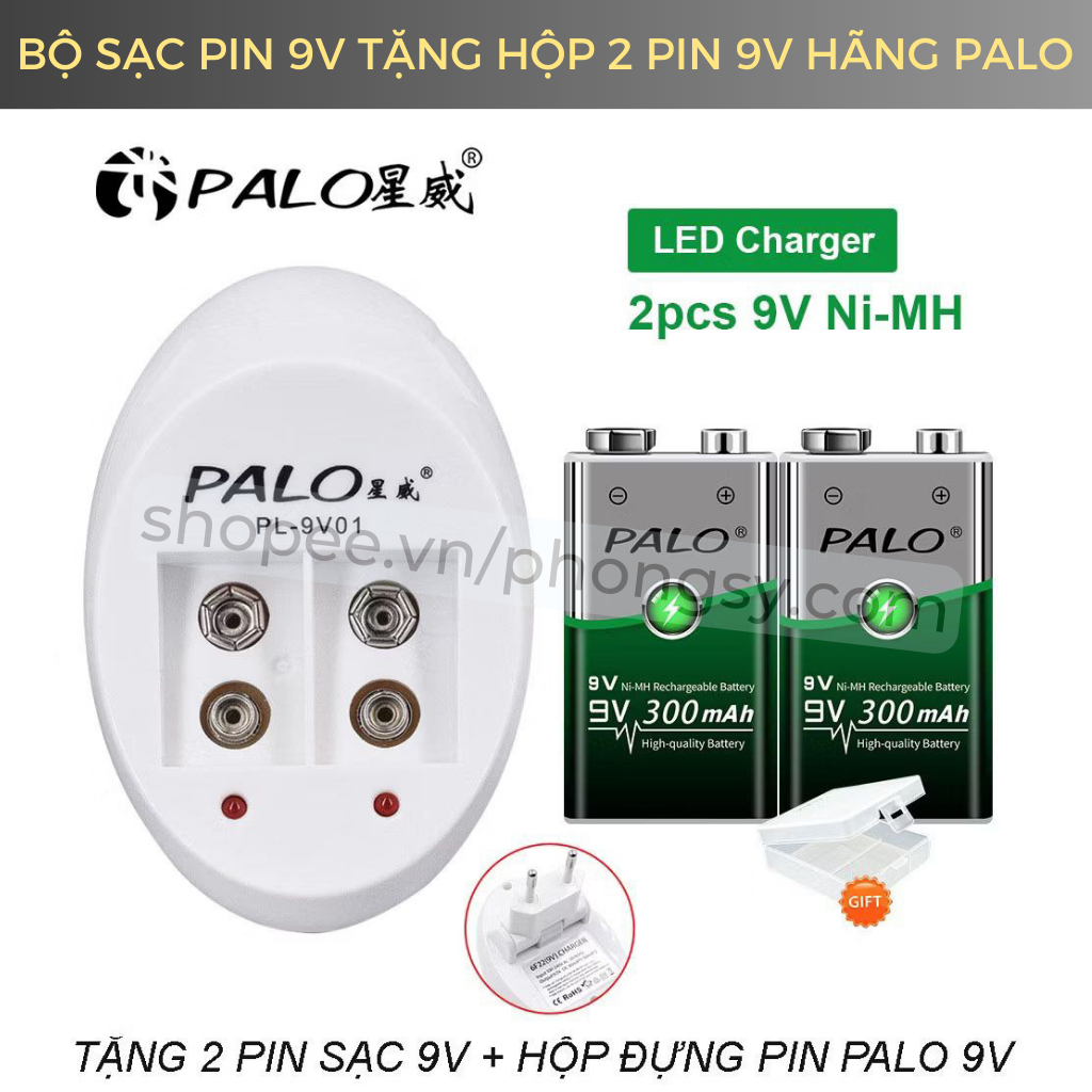 Bộ 2 Pin Vuông 9v Sạc Lại Palo 300mAh + Tặng Sạc Pin Vuông 9v
