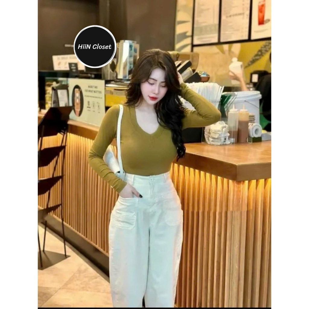 Áo thun nữ dài tay cổ Tim ôm body - Áo thun thu đông chất tăm lạnh HiiNCloset (105) | BigBuy360 - bigbuy360.vn