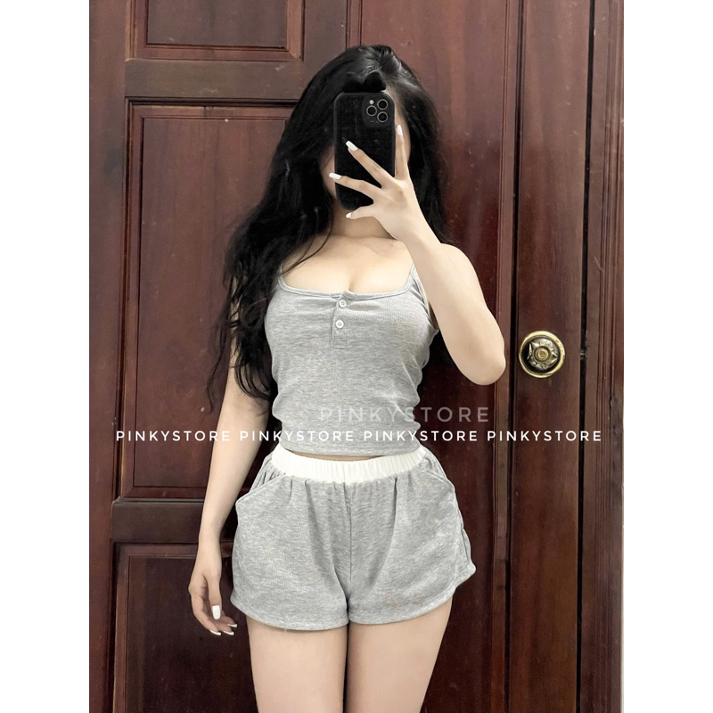 (Ảnh Thật by PINKYSTORE) Set áo dây khuy nhỏ kèm quần shorts dáng ngắn BUTTON SET | BigBuy360 - bigbuy360.vn