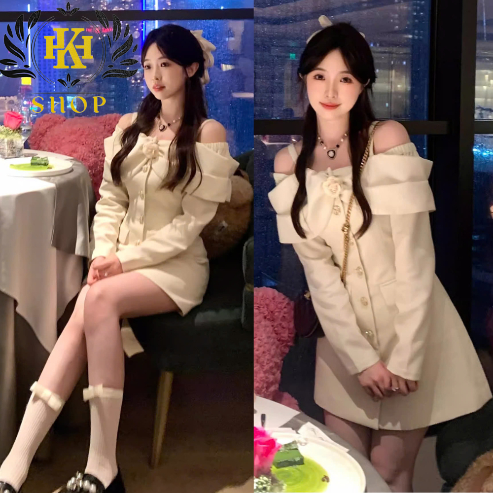  Váy Dự Tiệc Váy Dạ Tweed Đính Cúc Đồng May 2 Lớp Thiết Kế Trễ Vai Kèm Hoa Hồng Cài Ngực Phong Cách Tiểu Thư HK Shop 