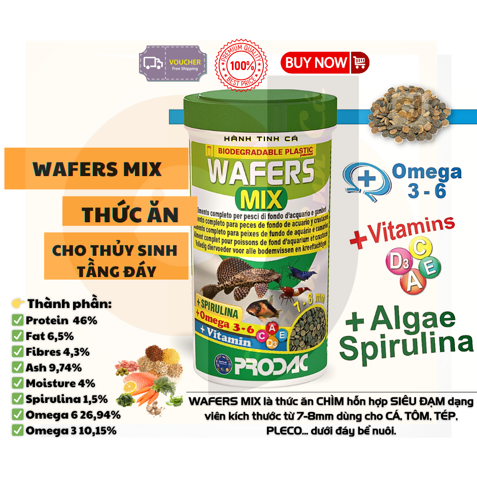 [Hũ 250ml/135gram] Prodac WAFERS MIX thức ăn CHÌM Tổng Hợp Cho Tép & Cá Tầng Đáy