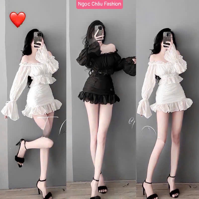 Set váy nữ áo tay dài bồng xòe trễ vai phối bèo+chân váy đuôi cá nhún lưng chun sau chất voan 2 lớp dưới 52kg S004