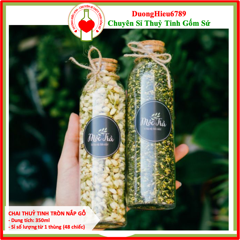 Chai Thuỷ Tinh Nắp Gỗ, Bình Đựng Trà Tròn 350ml