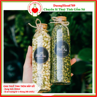 Chai Thuỷ Tinh Nắp Gỗ, Bình Đựng Trà Tròn 350ml