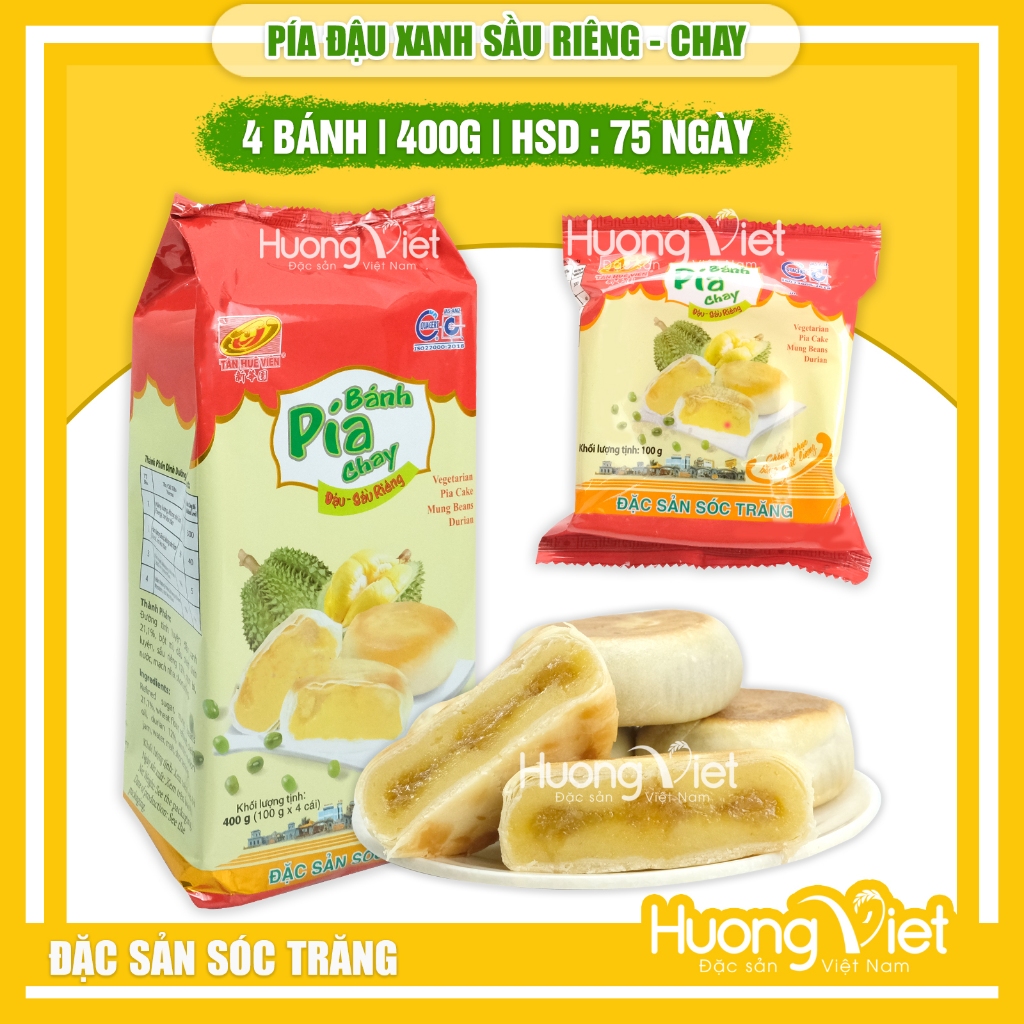 Bánh pía chay đậu xanh sầu riêng Tân Huê Viên 400g, bánh pía Sóc Trăng ăn chay không trứng muối  [TÚI 4 BÁNH]
